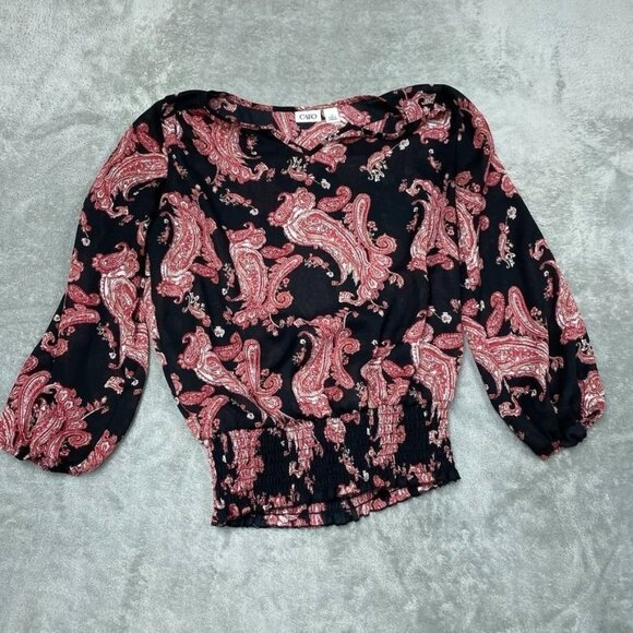 Cato Womens Black & Red Paisley Smocked Blouse Size S Polyester a1177 - Picture 1 of 9